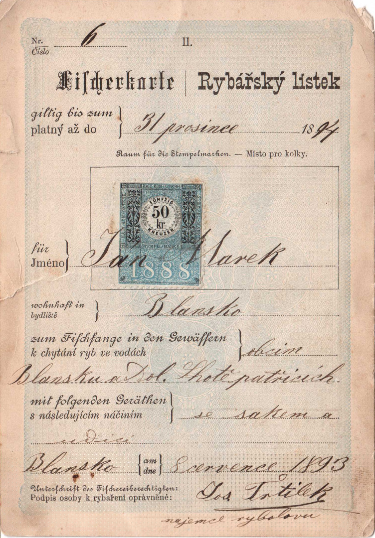 Rybářský lístek z roku 1893